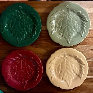 Longaberger Leaf Design Plate Set - Green, Red, Tan